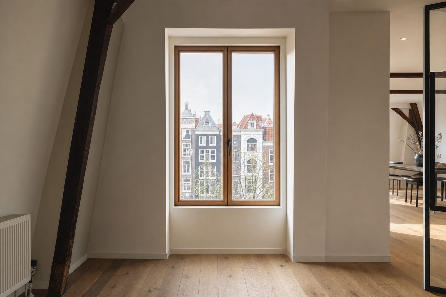 Nieuw geplaatst kozijn met uitzicht op Amsterdamse grachtenpanden