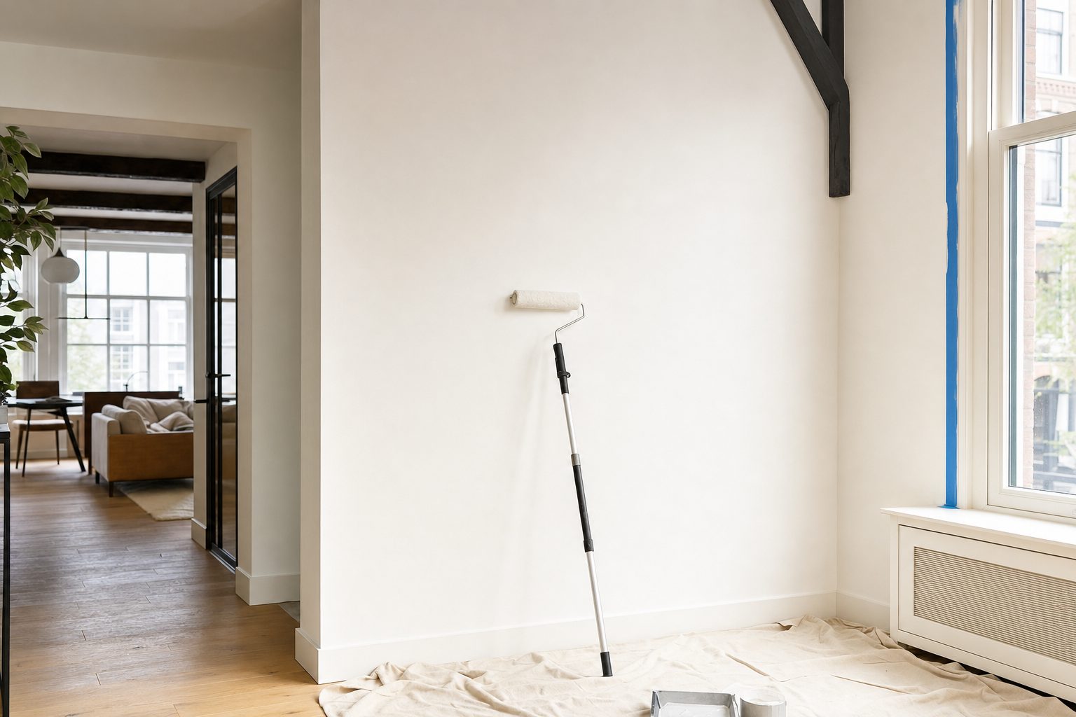 Vers geschilderde muur met roller in een Amsterdams appartement