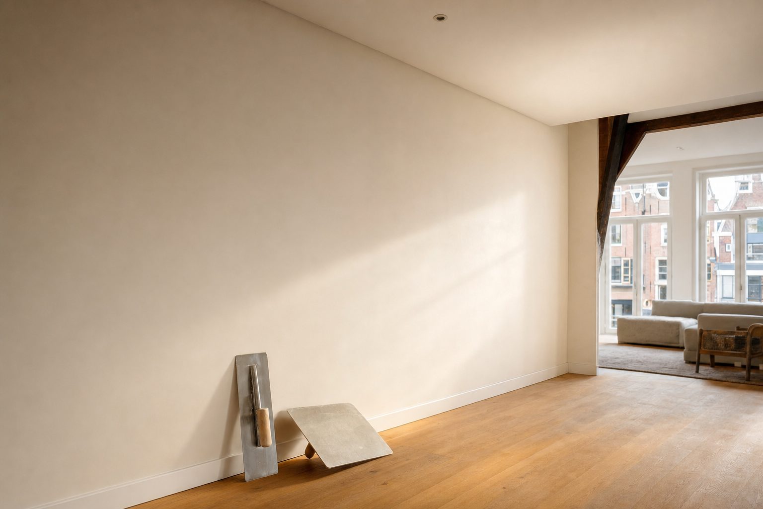 Strak gestuukte wand in een Amsterdams appartement